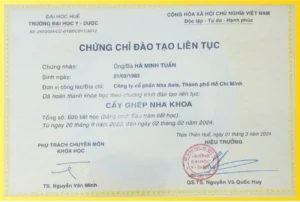 Chứng chỉ cấy ghép Implant BS Hà Minh Tuấn