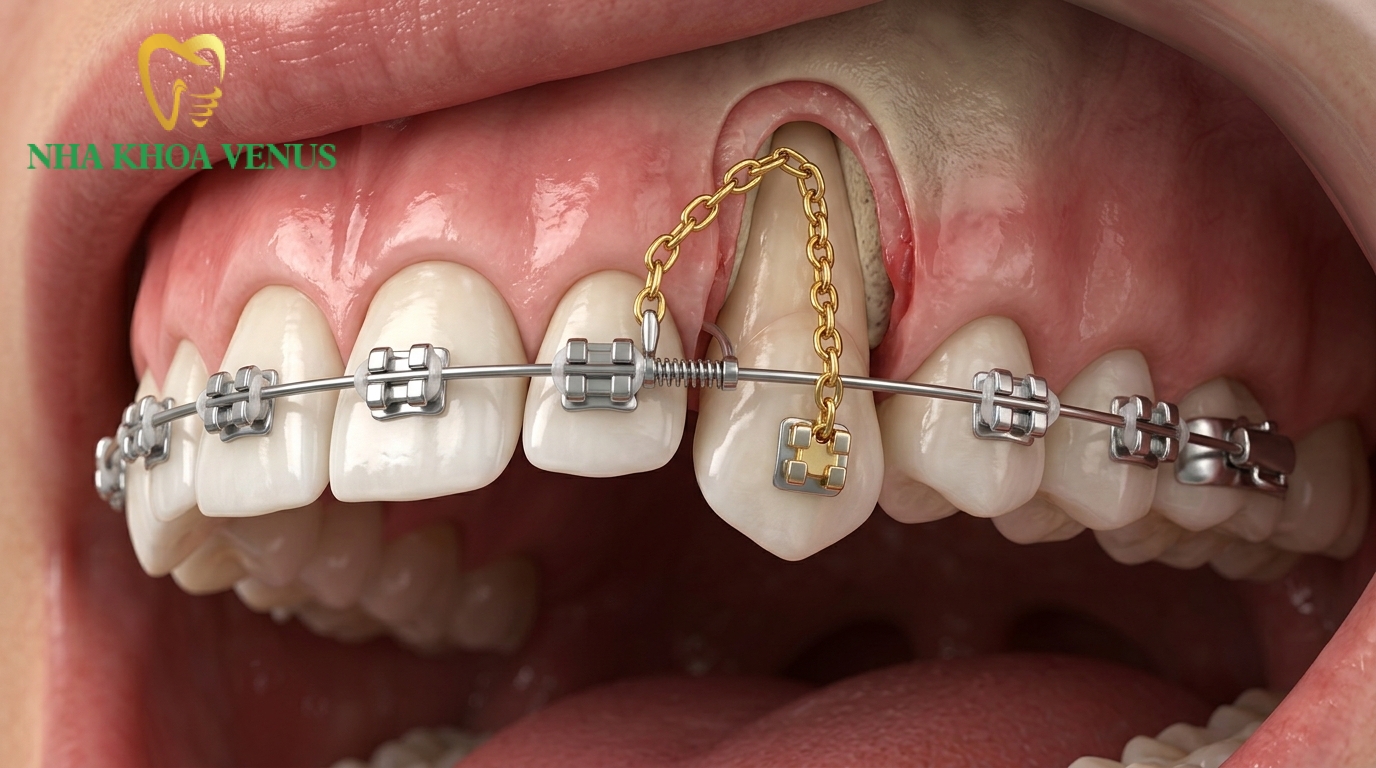 phương pháp phẫu thuật bộc lộ gắn nút cài và dây thun kéo răng nanh mọc ngầm về đúng vị trí cung hàm