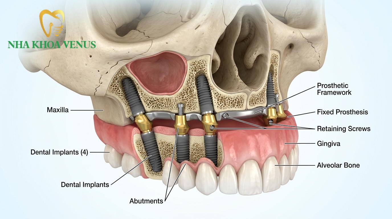 cấu trúc hàm răng giả cố định toàn hàm All-on-4 bắt vít cố định trên 4 trụ Implant cho người mất răng toàn bộ
